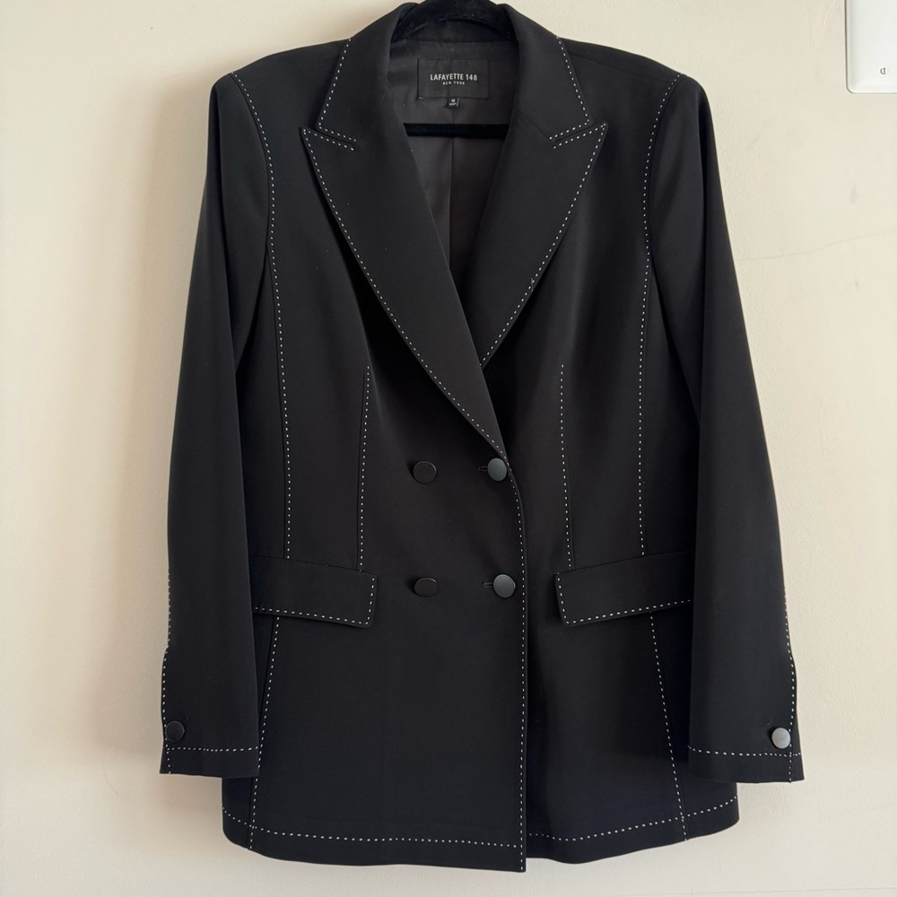 Lafayette 148 Black Double-Breasted Blazer with Contrast Stitching